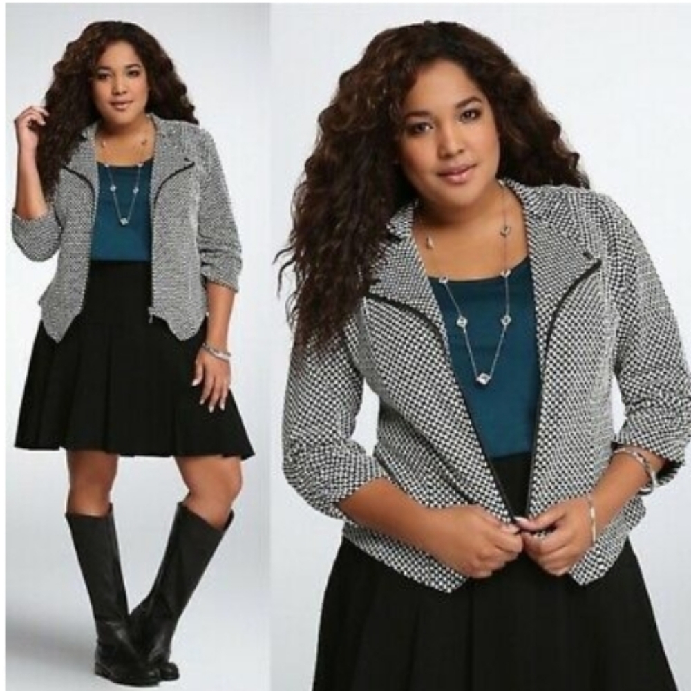 Torrid Mandarin Collar Zip Front Black White Mini Check Print Knit Jacket Sz 1